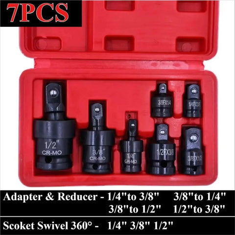 Front view of a 7-piece swivel impact socket set in red case with 1/2-inch drive sockets and adapters