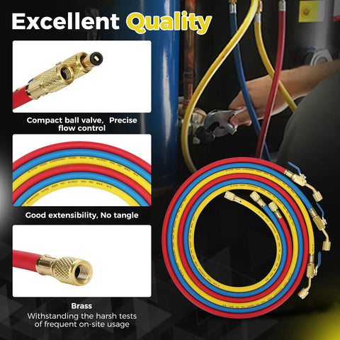 3-pcs HVAC refrigerant hose set (72in) with yellow, red, blue colors, brass 1/4in flare fittings and compact ball valve