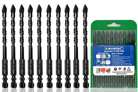10 Piece One Quarter Inch Black Ceramic Tile Drill Bit Set With 6mm Shank Eccentric Head displayed with packaging