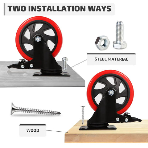 Two installation options for 5 Inch Industrial Swivel Caster Wheel Set Of 4 With Brakes Heavy Duty Top Plate Casters 2200 Lb Load Capacity