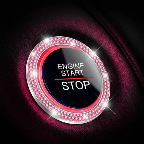 Close-up of Car Bling Crystal Rhinestone Engine Start Ring Decals 2 Pack Push Start Button Cover Sticker Key Ignition Knob Bling Ring Sparkling Pink Interior Accessory For Women on ignition button.