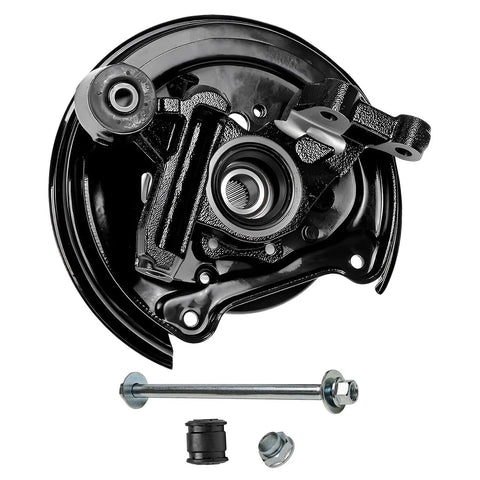 Rear Steering Knuckles For 2001 To 2008 Subaru Forester With Rear Disc Brakes Two Piece Replacement Kit Includes Two Knuckles And Wheel Bearing Hubs Assembly OEM Quality Fits 2002 2003 2004 2005 2006 2007 shown from front view