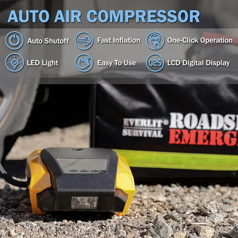 Go To Car Roadside Emergency Kit With Digital Tire Inflator featuring LCD display and LED light