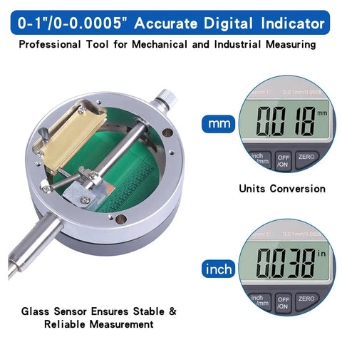 Electronic Digital Dial Indicator With Magnetic Base Holder 0-1 Inch Range showing conversion display and glass sensor details