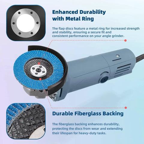 50 Pack Flap Discs For Angle Grinder Four Point Five Inch Diameter Seven Eighths Inch Arbor T27 Flap Sanding Discs shown in use