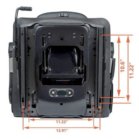Bottom view of Highback Suspension Tractor Seat With Adjustable Back Fold Down Armrests, showing dimensions and installation points.