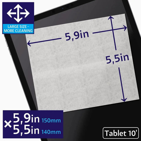 600 Premoistened Lens Wipes For Eyeglasses Screens Phones Individually Wrapped shown on tablet with size dimensions