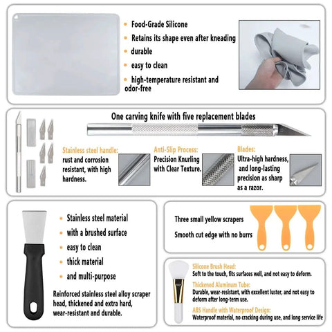 52 Pcs Resin 3D Printing Tool Kit with 304 Stainless Steel Filter Funnel, silicone pad, scraper, and cleaning tools close-up