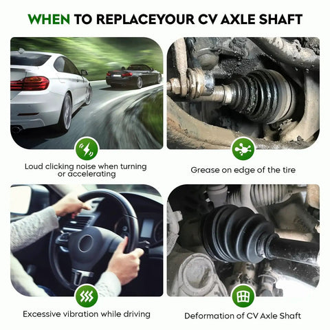 Signs to replace CV axle shaft including noise, grease, vibration, and deformation in automotive illustration.