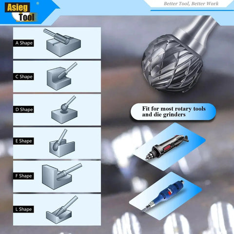 Close-up of Ten Piece Pro Grade Tungsten Carbide Burrs Set With One Quarter Inch Shank for die grinder use