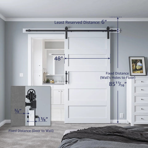 48 Inch By 84 Inch Sliding Barn Door With 8 Foot Hardware Kit And Handle, Pre Drilled Holes For Easy Assembly shown installed in a room.