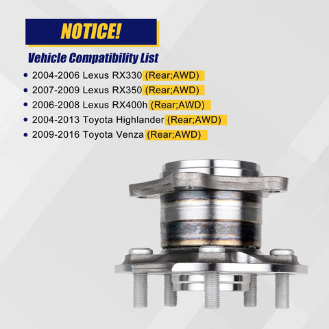 Side view of 512284 Rear Wheel Bearing Hub Assembly 2 Pack For 2004 To 2006 Lexus RX330, 2007 To 2009 Lexus RX350, 2006 To 2008 Lexus RX400h, 2004 To 2013 Toyota Highlander, 2009 To 2016 Toyota Venza AWD With ABS For Your Ride