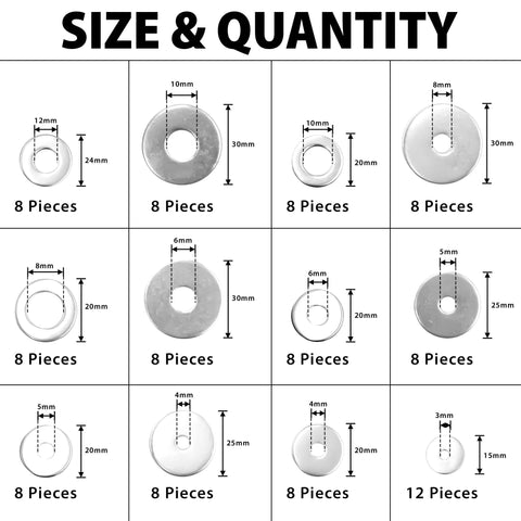 Flat stainless steel washer assortment; sizes M3–M12, 304 grade stainless, 8–12 piece sets.
