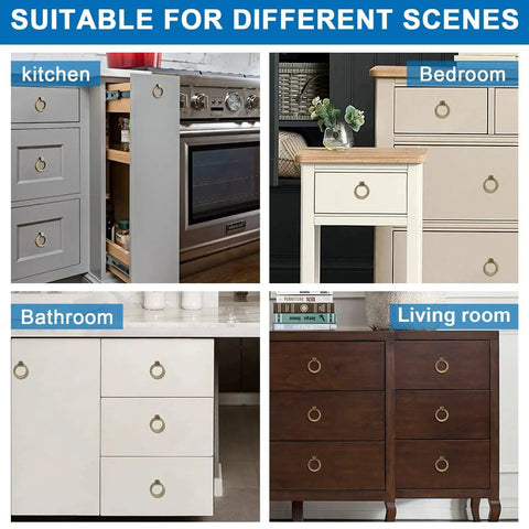 Brushed Oil Rubbed Bronze Cabinet Ring Pulls Set Of 4 in zinc alloy, installed on kitchen, bedroom, bathroom, and living room drawers.