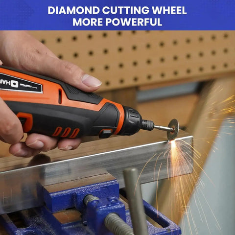 Hand using rotary tool on metal with diamond wheel; part of Must-Have Rotary Tool Bits Kit For Dremel And Other Brands, 508-Piece Universal Set.