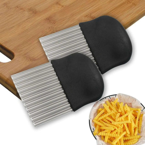 Two Pack Big Wavy Crinkle Cutter For Fries And Veggies, Stainless Steel Potato Slicer And Chopper With Durable Handle on cutting board