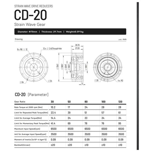 Technical specifications for Harmonic Reducer CSD20 Gearbox Strain Wave Drive For BLDC Motors with dimensions and gear ratios.