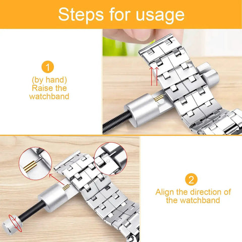 Watch Link Removal Tool Kit For Band Adjustment And Replacement, Pro Grade Watch Repair Set shown with metal watchband.