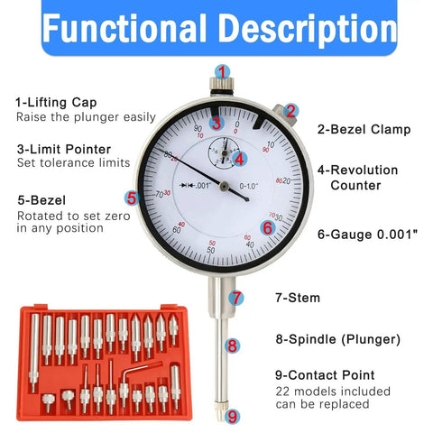 Dial Indicator With Magnetic Base And Point Precision Inspection Set A Real Workhorse For Any Shop Long Arm 0 To 1 Inch 0.001 Inch Graduation 2 Inch Dial Face Lug Back Fine Adjustment Magnetic Base Holder For CNC And Workshop Use By NAKAO showing detailed components including bezel clamp and contact points with 22-piece set.
