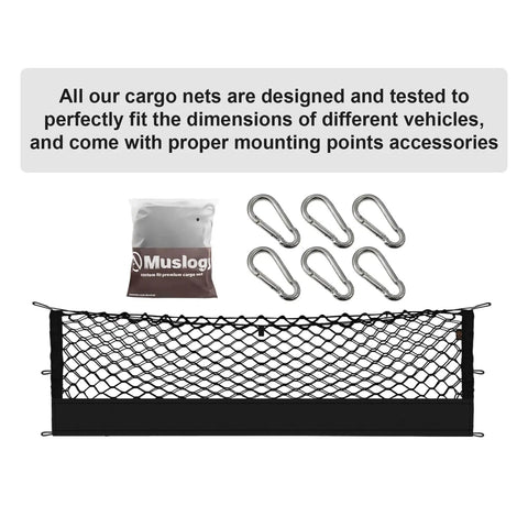 Heavy Duty Truck Bed Cargo Net For Silverado And Sierra Fits 2013 To 2026 1500 2500HD 3500HD Custom Laser Scanned Fit With LockNflex Material And Heavy Duty Carabiners Muslogy with mounting accessories.