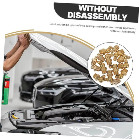 60-Piece Grease Fitting Assortment Kit With 1/4-28 SAE-LT Copper Threaded Lubrication Nozzles, shown with car hood open