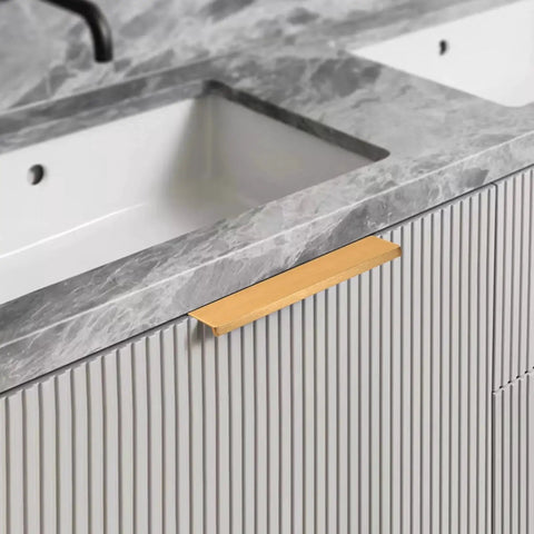 Brushed Gold Aluminum Alloy Concealed Drawer Pulls 2 Pack For Cabinets And Doors, 80mm flat finger pull installed on gray cabinet