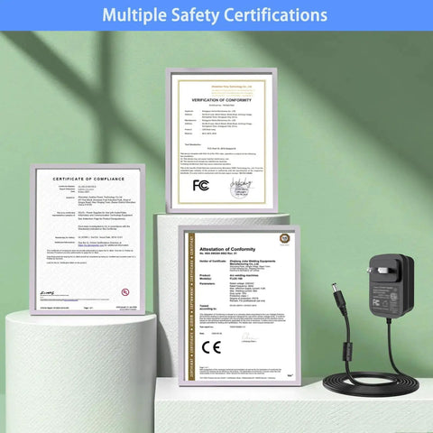 12V Massager Charger Power Cord 2A DC Power Adapter with multiple safety certifications displayed beside certificates