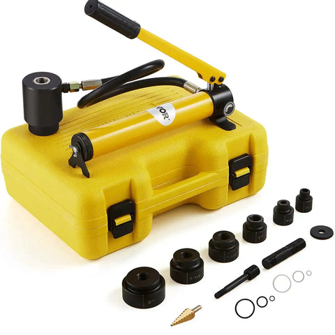 10 Ton Hydraulic Knockout Punch Kit With Half Inch To Two Inch Conduit Die Set Puncher Six Dies Step Drill Bit Carrying Case Draw Studs