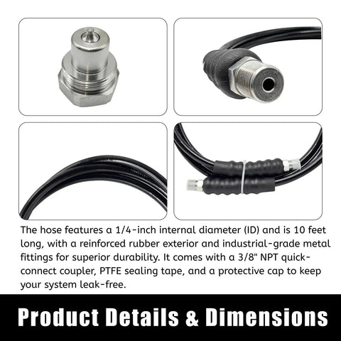 Pro Grade Built Tough 10 Foot High Pressure Hydraulic Hose Kit 10000 PSI CH604 with coupler cap, 1/4 inch ID, 3/8 inch NPT thread