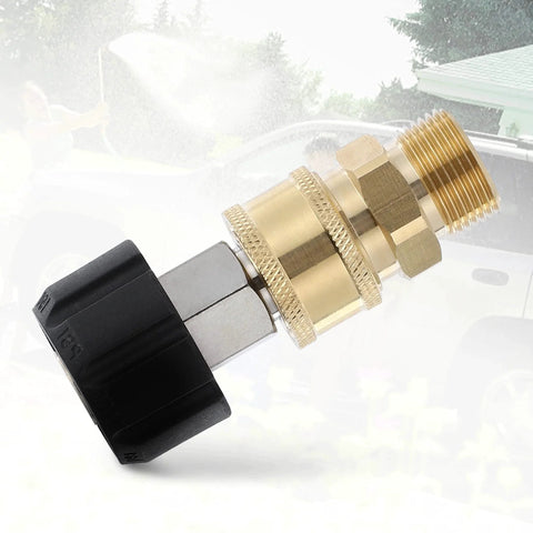 Pressure Washer Adapter Set Quick Connect Kit M22 14mm To M22 Fittings 5000 PSI Four Piece Bundle With Three Eighth Inch Plug And Quick Disconnect Not For 15mm M22 Fittings brass and black connector close-up