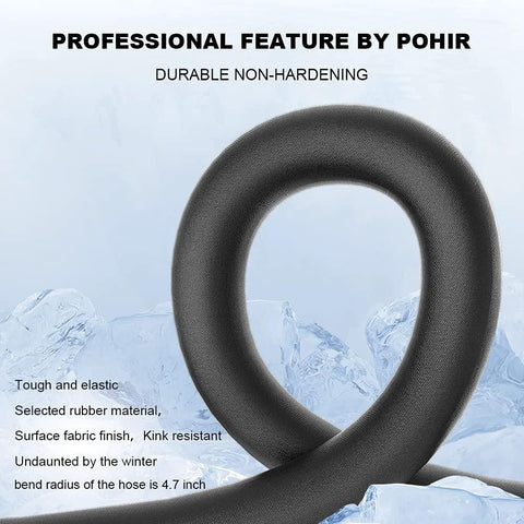 POHIR power washer hose, black rubber coil with fabric finish, displayed against an icy backdrop
