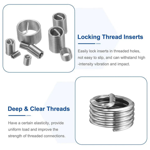 Wire Thread Inserts 10-32 UNF Helical Coiled Type 304 Stainless Steel Thread Repair Kit, locking and deep thread features shown