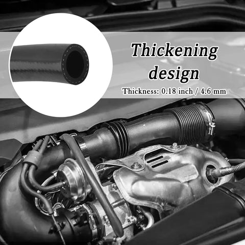 Automotive heater hose, thickened black rubber coolant hose installed in an engine bay