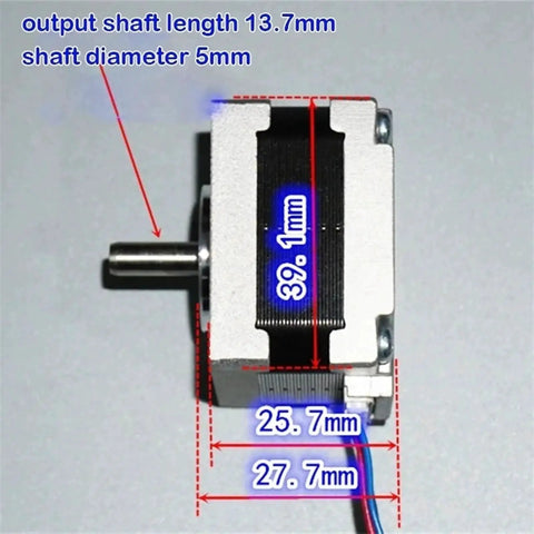 1.8 Degree Nema 16 Flange Stepper Motor 39x39mm with 5mm shaft, dimensions highlighted, for 3D printers and CNC machines.
