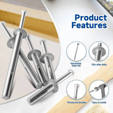 Heavy Duty Hammer Drive Anchors One Quarter Inch By One And One Half Inch For HVAC Duct Mounts And Shelving Units Zinc Plated Steel Concrete Fasteners Rust Resistant Bulk Pack Of 100 For Professional Contractors And Builders displayed with product features