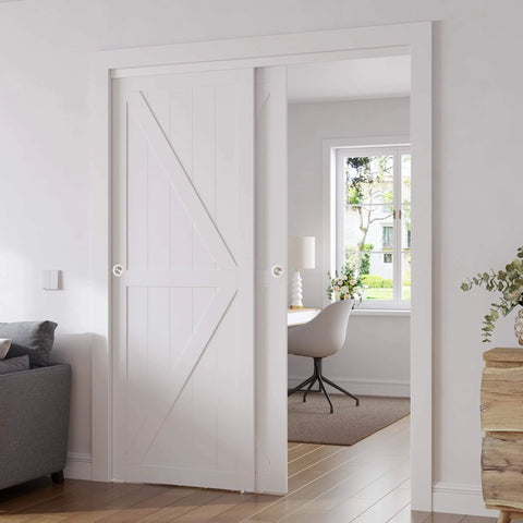 Double Barn Style Sliding Closet Doors 48x80 Inches With Hardware Kit, Pre-Drilled MDF Panels With PVC Surface, installed in a living room