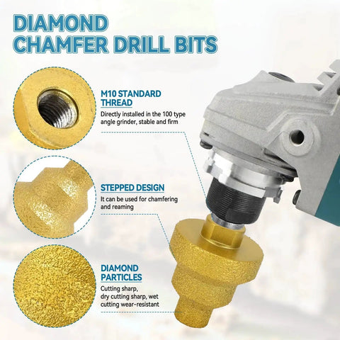 Diamond chamfer drill bit with M10 thread, stepped design, and sharp diamond coating for cutting and reaming applications.