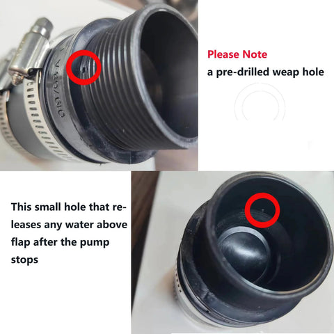 Inline check valve, black plastic body with threaded ends; side view with hose clamp and visible hole.