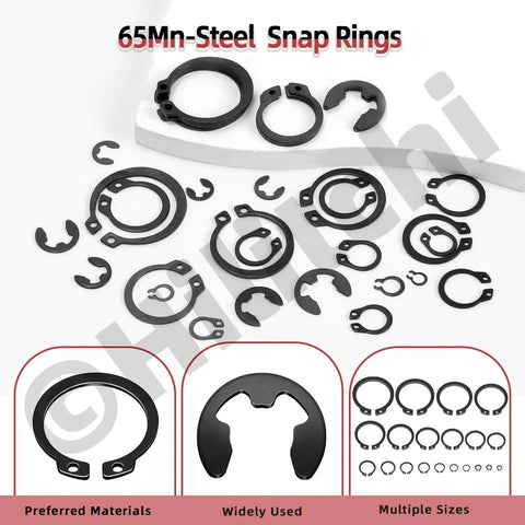 Various sizes of C and E snap rings made of manganese steel, spread out highlighting the 312 pcs snap rings kit, with labels