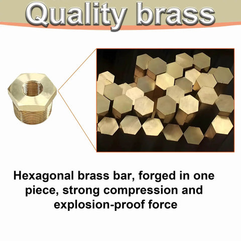 Three Eighths Inch MNPT To One Eighth Inch FNPT Brass Reducer Bushing displayed with brass hex material, quality focus