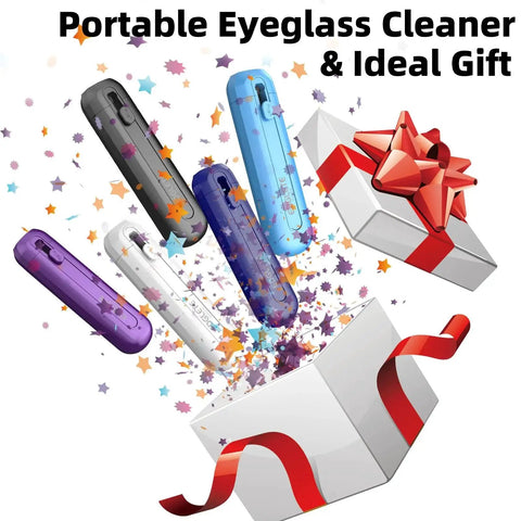 Illustration of portable glasses cleaning kit with colorful cases and gift box, emphasizing eyewear care as ideal gift.