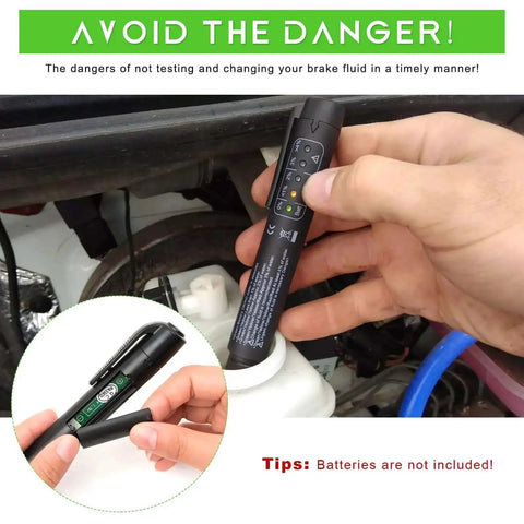 Hand using Brake Fluid Tester Pen DOT 3 DOT 4 DOT 5.1 Diagnostic Tool with 5 LED indicators during vehicle brake fluid check.