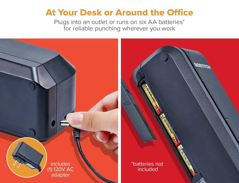 Electric 3 Hole Punch For Office Use Workhorse Dual Paper Loading showing AC adapter and battery compartments