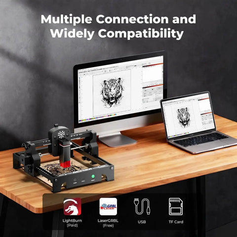 S1 Laser Engraver For DIY Makers And Small Biz, 3500mW Desktop Engraving And Cutting Machine shown on wooden desk with computer