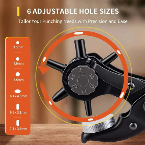Close-up of Long Handle Revolving Leather Hole Punch Kit showing 6 adjustable hole sizes for belts and straps.