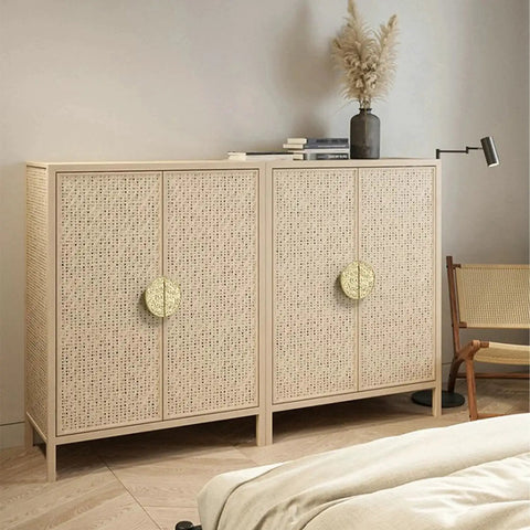 Two Pack Half Moon Cabinet Pulls Chinese Style Handle on a beige cabinet, antique zinc alloy gold finish, in a modern bedroom setting.
