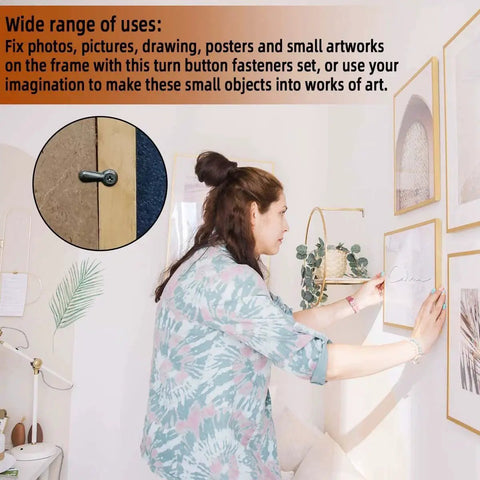 Person using Pro Grade 160 Piece Metal Picture Frame Hardware Kit With 160 Screws And Turn Button Fasteners Black Finish Includes Hanging Hangers For Photos Crafts And Posters A Complete All In One Set That Is Rust Resistant And Built To Last to hang art on the wall.