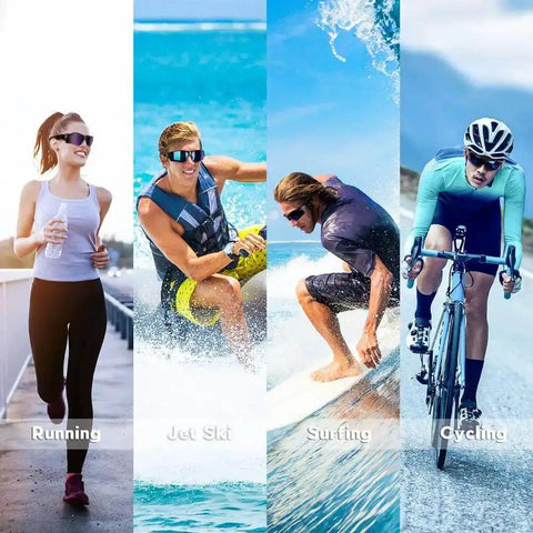 Polarized Sports Sunglasses For Men Women And Youth With TAC Lenses And TR90 Frame Built To Last Scratch Resistant Unbreakable UV Protection 99 Point 9 Ride Ready For Cycling Running Driving Fishing Golf Motorcycling And Outdoor Adventures in use for running, jet skiing, surfing, and cycling.