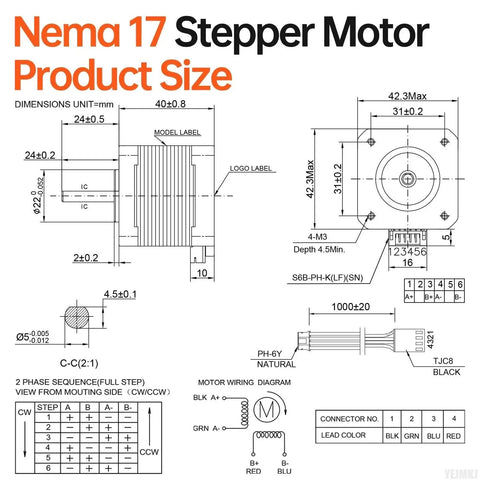 Technical drawing of Nema 17 Stepper Motor 1.8 Degree 2 Phase High Torque 0.41Nm for 3D Printer CNC Machine with dimension details