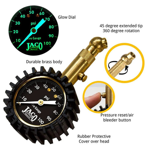 Tire pressure gauge, JACO Elite 100 PSI, brass body with glow dial and rubber protective cover.